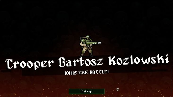 Trooper Bartosz Kozlowski joins the battle screen with the Accept button.