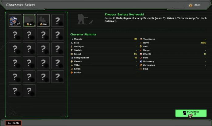 Character Select with Trooper Bartosz Kozlowski selected and the 10-gold Purchase button.